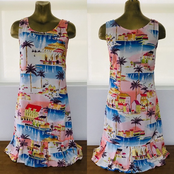 VINTAGE 80s LINE TWO French Riviera Print RESORT DRESS Size Small - Picture 3 of 14
